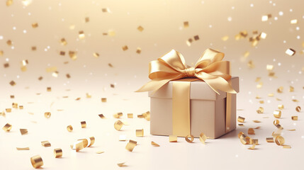 elegant simple design 3d gift box gold ribbon bow on beige pastel background