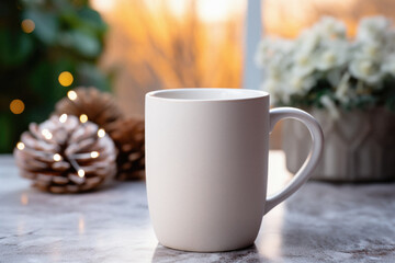 White cup of coffee on the background of a Christmas garland .