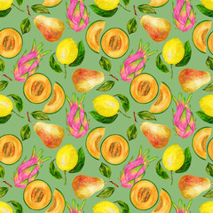Vibrant seamless fruit pattern, Playful fruit background,  Bountiful and Organic wallpaper print, Juicy vitamins illustration, Backdrop with pears, melons, dragonfruits, lemons