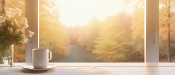 Coffee cup on wooden table in front of window with autumnal landscape
