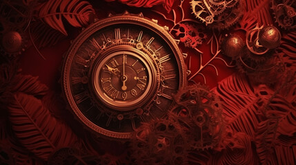 Fototapeta premium Red, vintage background, products, enginer, generative, ai, steampunk, background, clockwork, brooch, plate, utensils, dish