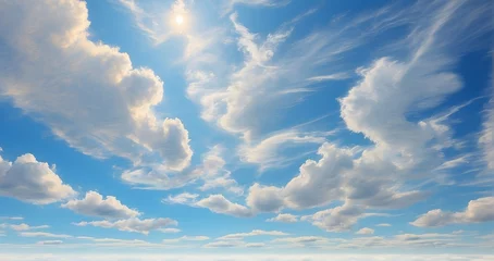 Fotobehang A scene of a serene blue sky adorned with wispy clouds, where the sun creates elegant patterns through the soft, drifting formations - Generative AI © Huzaifa