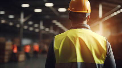 Back side a man worker wearing safety equipment, safety first, ready to work