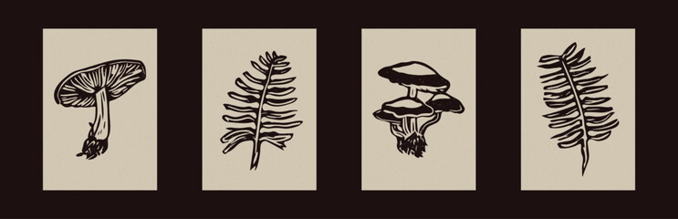 Rustic forest woodcut set of folkart mushrooms and fern in simple silhouette style vector motif collection. Set of grungy fungi icon illustration in whimsical handmade linoprint. 