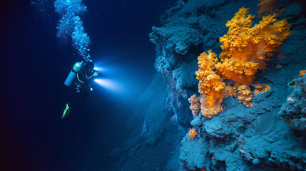 Diver exploring a hydrothermal vent and its unique marine life in the deep ocean. - obrazy, fototapety, plakaty