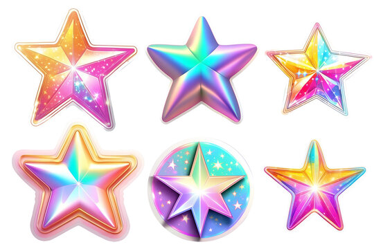 set jf Stars icon with colorful lights. Colorful star shape. cartoon cool shiny glossy colorful stars. transparent png background