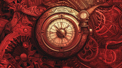 Naklejka premium Red, vintage background, products, enginer, generative, ai, steampunk, background, clockwork, brooch, plate, utensils, dish