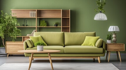 Contemporary scandinavian living room with green sofa, chair, and bookshelf on green wall.