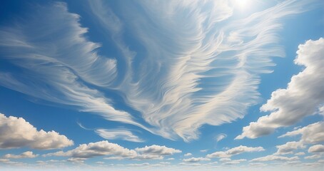 A scene of a serene blue sky adorned with wispy clouds, where the sun creates elegant patterns through the soft, drifting formations - Generative AI - obrazy, fototapety, plakaty