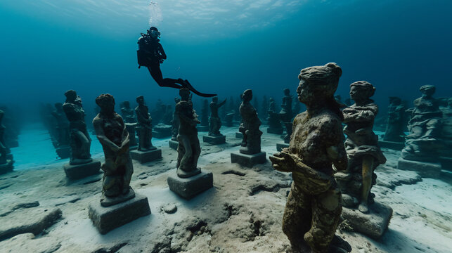 Diver Exploring An Underwater Sculpture Park Featuring Life-size Statues And Installations.