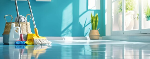 Cleaning items on the floor. Washing set colorful with copy space banner. Sundrenched clean interior with a window and plants. - obrazy, fototapety, plakaty