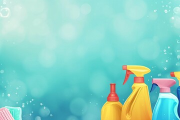 Cleaning items on bluebackground. Washing set colorful with copy space banner.