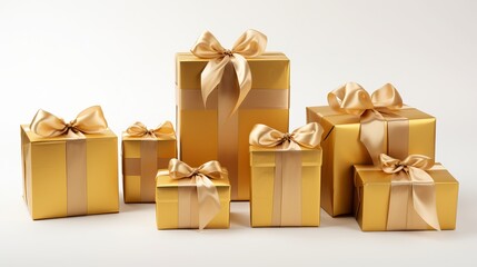 Authentic gold present picture with gold ribbon, white background, unique gift boxes, and gift box set