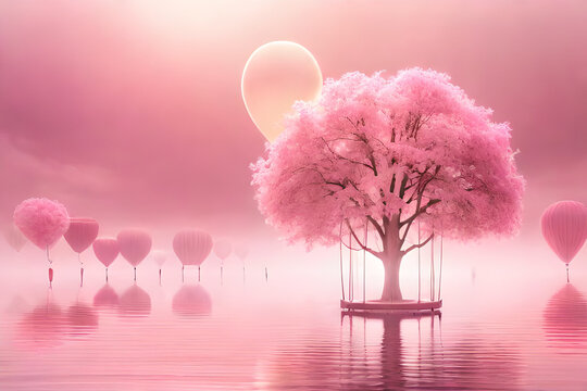 soft and romantic cloudy atmosphere , pink clouds and  trees , diffuse ambiance