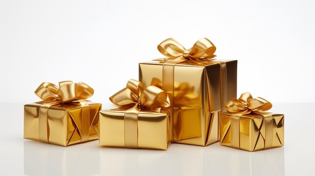 Authentic gold present picture with gold ribbon, white background, unique gift boxes, and gift box set