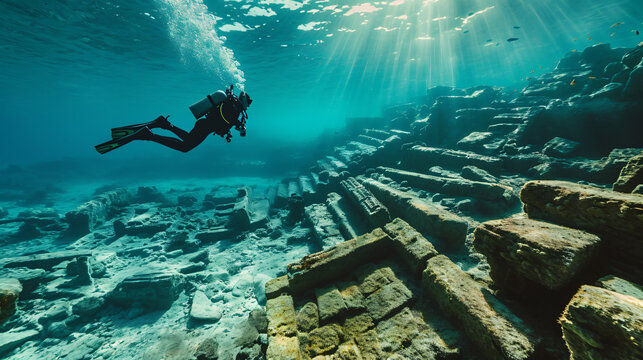 Diver exploring the remnants of an ancient underwater city near a tropical island.