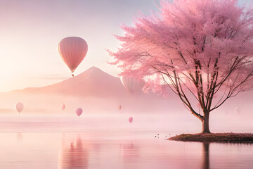 Fototapeta premium soft and romantic cloudy atmosphere , pink clouds and trees , diffuse ambiance