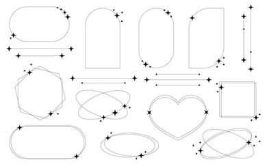 Fototapeta premium Set of geometric aesthetic abstract line frames and shapes with stars boho, brutalism, Y2K style. Geometric elements with sparkles for template design social media, poster, banner, logo, stickers