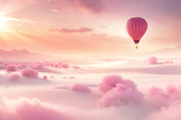 soft and romantic cloudy atmosphere , pink clouds and hot air balloons  - obrazy, fototapety, plakaty