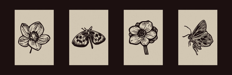 Rustic forest woodcut set of folkart flower and butterfly in simple silhouette style vector motif collection. Set of simple floral icon illustration in whimsical handmade linoprint