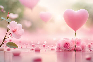 soft and romantic cloudy atmosphere , pink clouds and heart shaped balloons