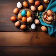 Top view of Easter wooden background with chicken colorful eggs. Easter concept, celebration