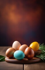 Side view of a wooden background with chicken colorful eggs. Easter concept, food