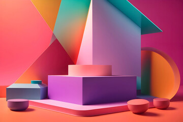 Abstract colorful geometric 3D room with podium. Studio showroom pedestals. Minimal scene mockup for product display presentation.