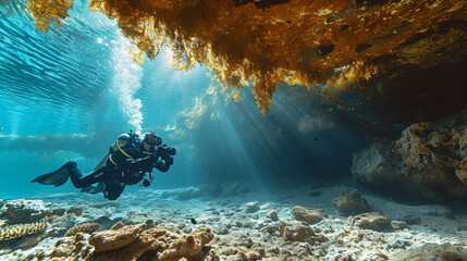 Diver taking photographs of an underwater cave with stunning rock formations. - obrazy, fototapety, plakaty