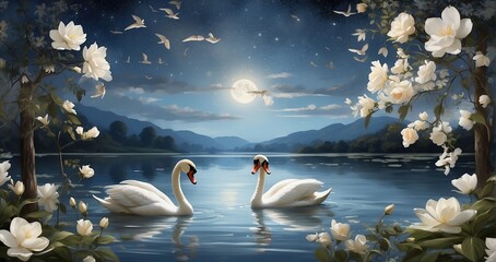 A scene of a tranquil lakeside, adorned with elegant swans gliding gracefully on calm waters under a starlit sky - Generative AI - obrazy, fototapety, plakaty