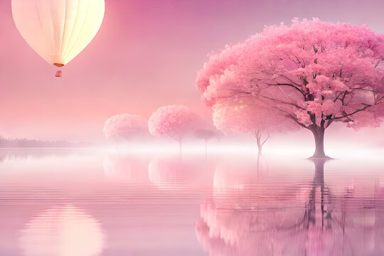 surreal romantic landscape , pink  sakuras and ethereal atmosphere