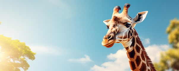 portrait of a giraffe against a background of nature and blue sky