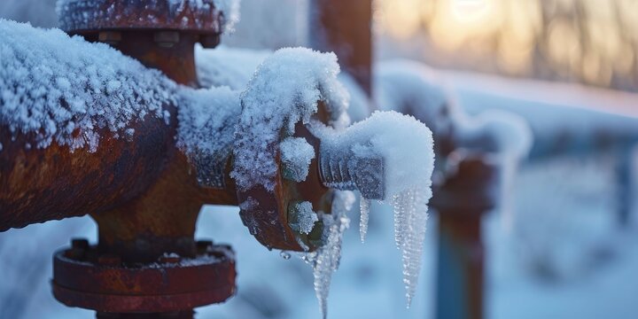 Icicles on the pipes of a water supply system in winter