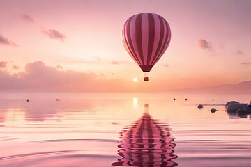 pink ethereal landscape , air balloons above the clouds , valentines and love concept - obrazy, fototapety, plakaty