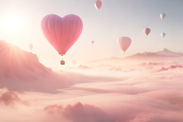 Fototapeta premium pink ethereal romantic cloudy landscape , valentines and love concept , heart shaped balloons