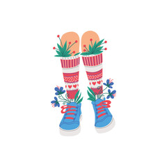 Woman legs in long socks, flowers in sneakers flat style, vector illustration