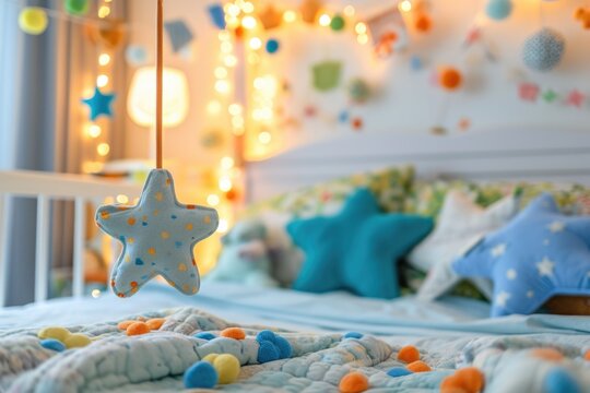 Lit de bébé ou enfant avec décoration colorée. Fond d'écran. Baby or child's bed with colorful decoration. Wallpaper.