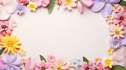 Fototapeta premium frame of bright spring flowers of different colors, pastel background Mother's Day, Easter, Valentine's Day