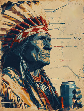 Apache Indian chief holding a jar of lemonade