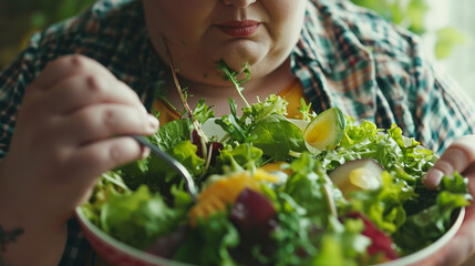 Sad overweight woman eating fresh vegetable salad. Diet concept. 