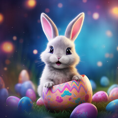 Illustration of cute easter bunny in the easter egg with colorful background