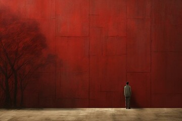 An individual facing a repressive wall. Digital art. Generative AI - obrazy, fototapety, plakaty