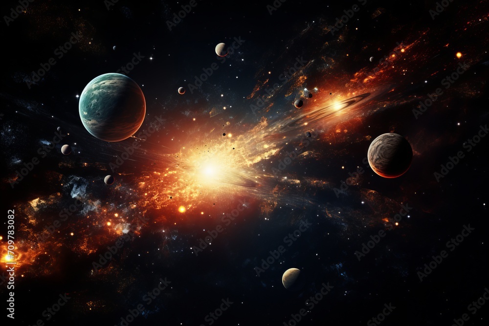 Poster mesmerizing sunrise over captivating planets in space, enchanting display of asteroids