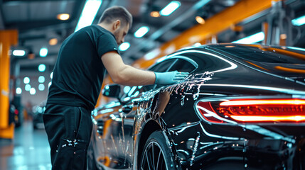 Process of pasting hood of red car with protective vinyl film from gravel chips and scratches. Transparent protection for paint.