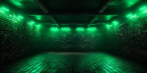 empty brick room, with green neon lighting, st. patrick's day