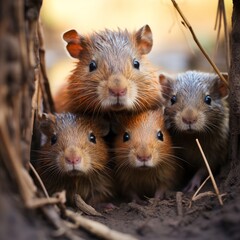 Photo of a baby capybara pup nestled in a group. Generative AI