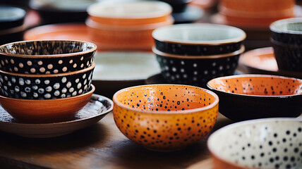 clay dinnerware pottery on wooden table
