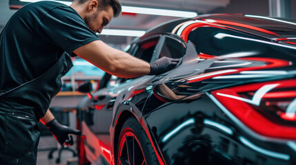 Specialist in wrapping a car with chameleon-colored vinyl film in the process of work. Car wrapping specialists cover the car with vinyl sheet or film. Selective focus. - obrazy, fototapety, plakaty
