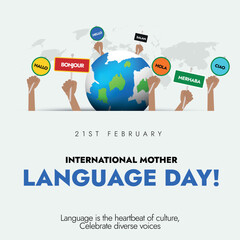 International Mother Language day. 21st February International mother language day celebration Facebook post with earth globe and different hands holding banners of greeting in different languages.  © Sabeen
