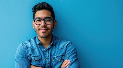Portrait of a man, wearing glasses, smiling on blue background. - obrazy, fototapety, plakaty